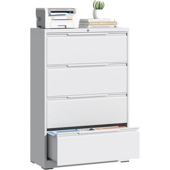 4-Drawer Lateral File Cabinet with Lock, Deep Drawers for Hanging Files, White