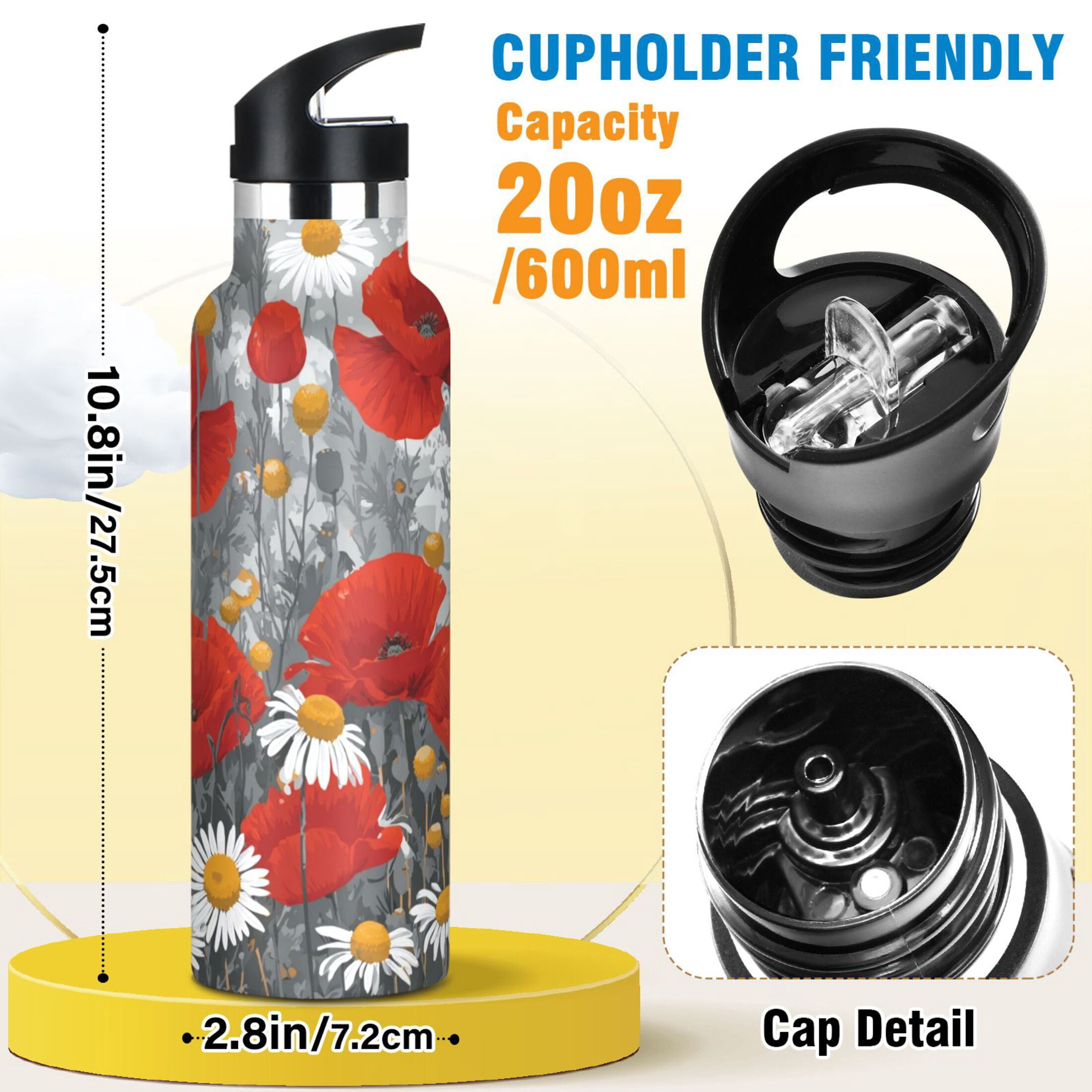 Kids Insulated Stainless Steel Sports Water Bottle 600ml (20oz) Red Flowers and Daisies