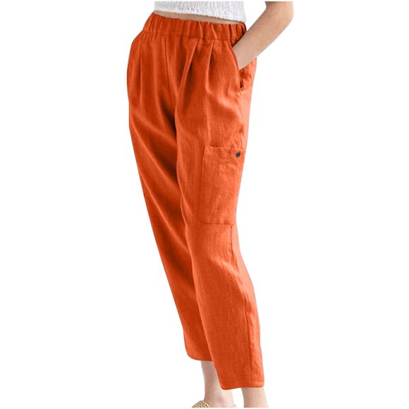 Wide Leg Pants Woman Summer Pants Casual Solid Color Elastic Waist Linen Pockets Pants Work Pants Women Orange L