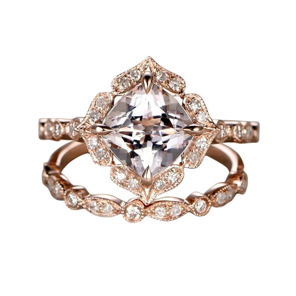 Antique 1.60 Carat Cushion Cut Real Morganite Ring Bridal Set With Real Moissanite Diamond On 925 Sterling Silver With 18K Rose Gold Plating, Gift For Her