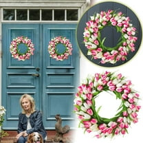 Artificial Tulip Wreath with Green Leaves for Front Door, 16 Inch Spring Pink Tulip Flower Wreath for All Seasons Window Wall Wedding Valentines Day Decorations Indoor Outdoor