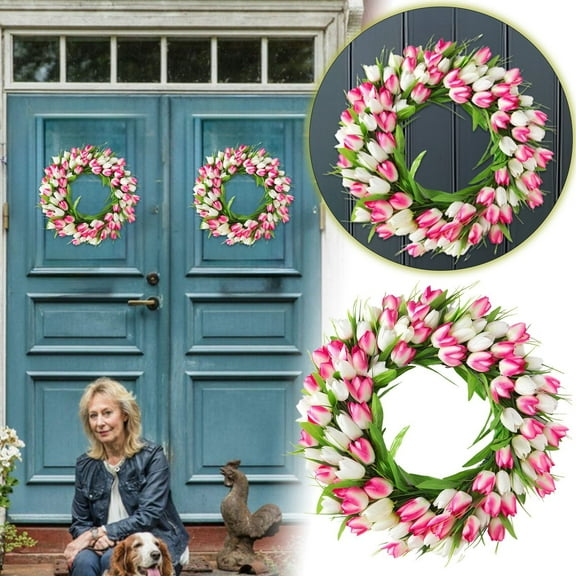 Artificial Tulip Wreath with Green Leaves for Front Door, 16 Inch Spring Pink Tulip Flower Wreath for All Seasons Window Wall Wedding Valentines Day Decorations Indoor Outdoor