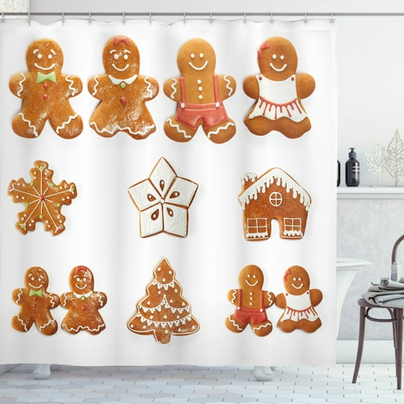 Ambesonne Gingerbread Man Shower Curtain, House Tree, 69"Wx84"L, Pale Brown White