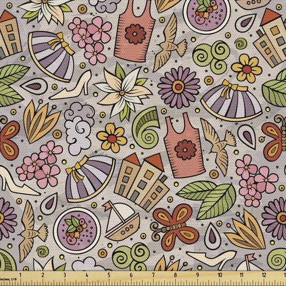 Spring Fabric by the Yard Upholstery, Colorful Cluttered Composition of Shoes Flowers Birds Clouds Seasonal Elements, Decorative Fabric for DIY and Home Accents, Multicolor by Ambesonne