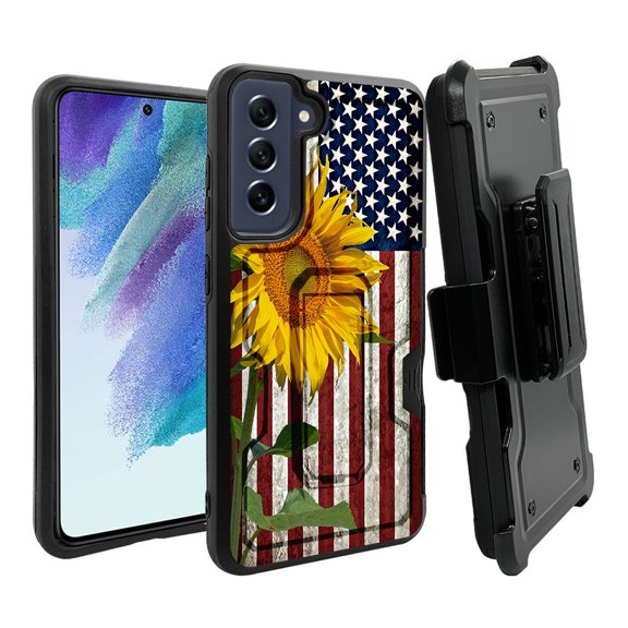 ANJ  Rugged Dual Layer Shockproof Holster Case w/Card Slot   Tempered Glass Cover for Samsung Galaxy S21 FE 5G - American Sunflower