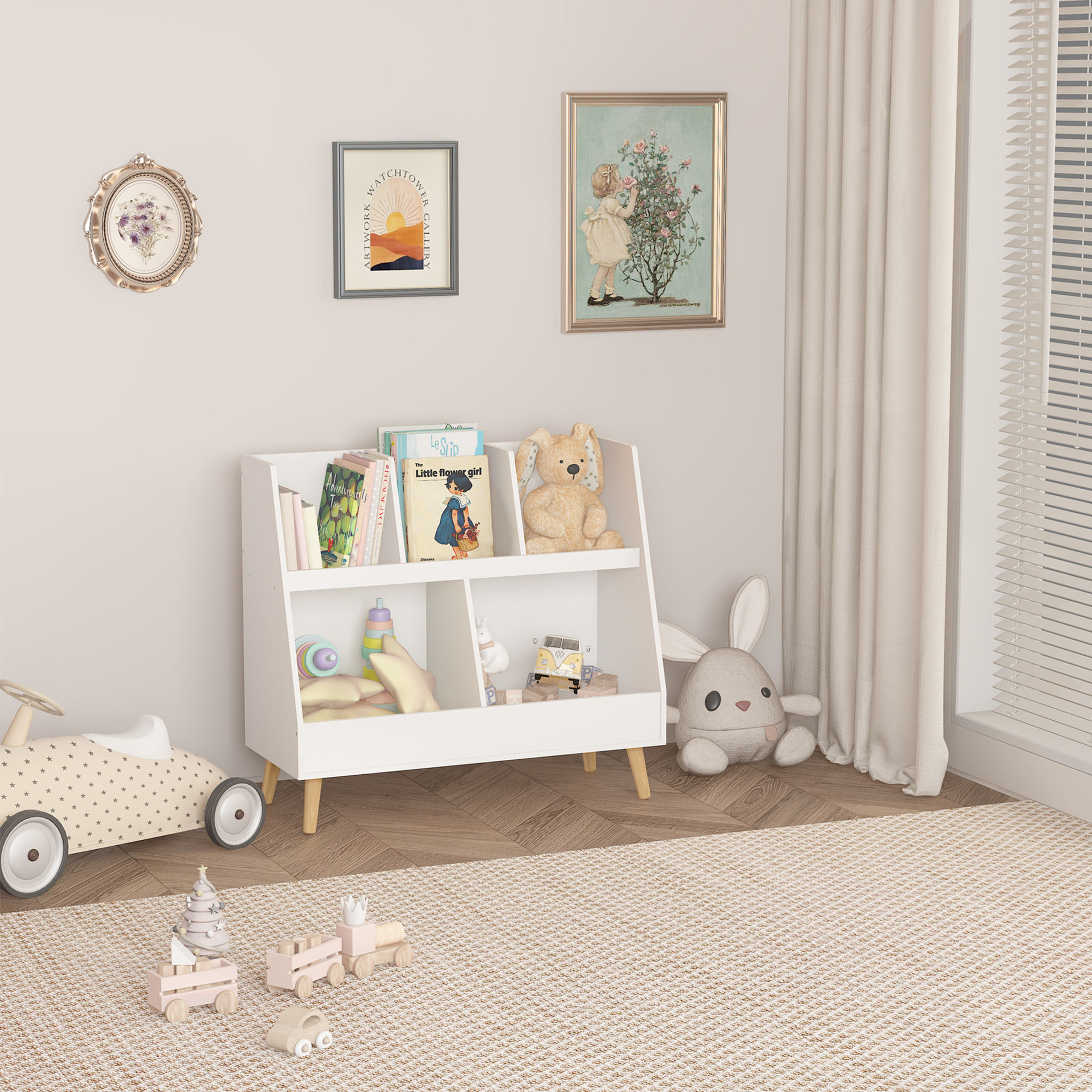 Noble House Solview 32" Kids Wooden Bookshelf and Toy Organizer, 5-Cubby 2-Bin Storage Cabinet for Playroom, White