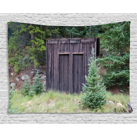 Wooden Doors For Bedrooms Outhouse Tapestry, Farm Life House Wooden Door of Cottage Hut in Woodland Leaves Art Print, Wall Hanging for Bedroom Living Room Dorm Decor, 60W X 40L Inches, Dark Brown and Green, by Ambesonne ()