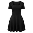 thumbnail image 6 of Women Solid Square Neck Short Sleeve Bodycon Flared Mini Dress, High Stretch Slim Fit A-Line Skater Dress, Casual Club Party Going Out Cute Dresses Black XL(XL), 6 of 6
