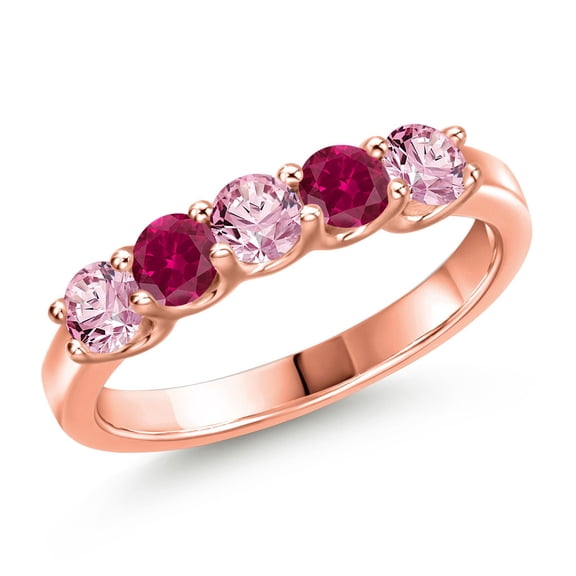 Gem Stone King 18K Rose Gold Plated Silver Pink Lab Grown Diamond and Red Created Ruby Wedding-Bands Ring for Women | 1.04 Cttw | Round 3.5MM | Gemstone April Birthstone | Size 5