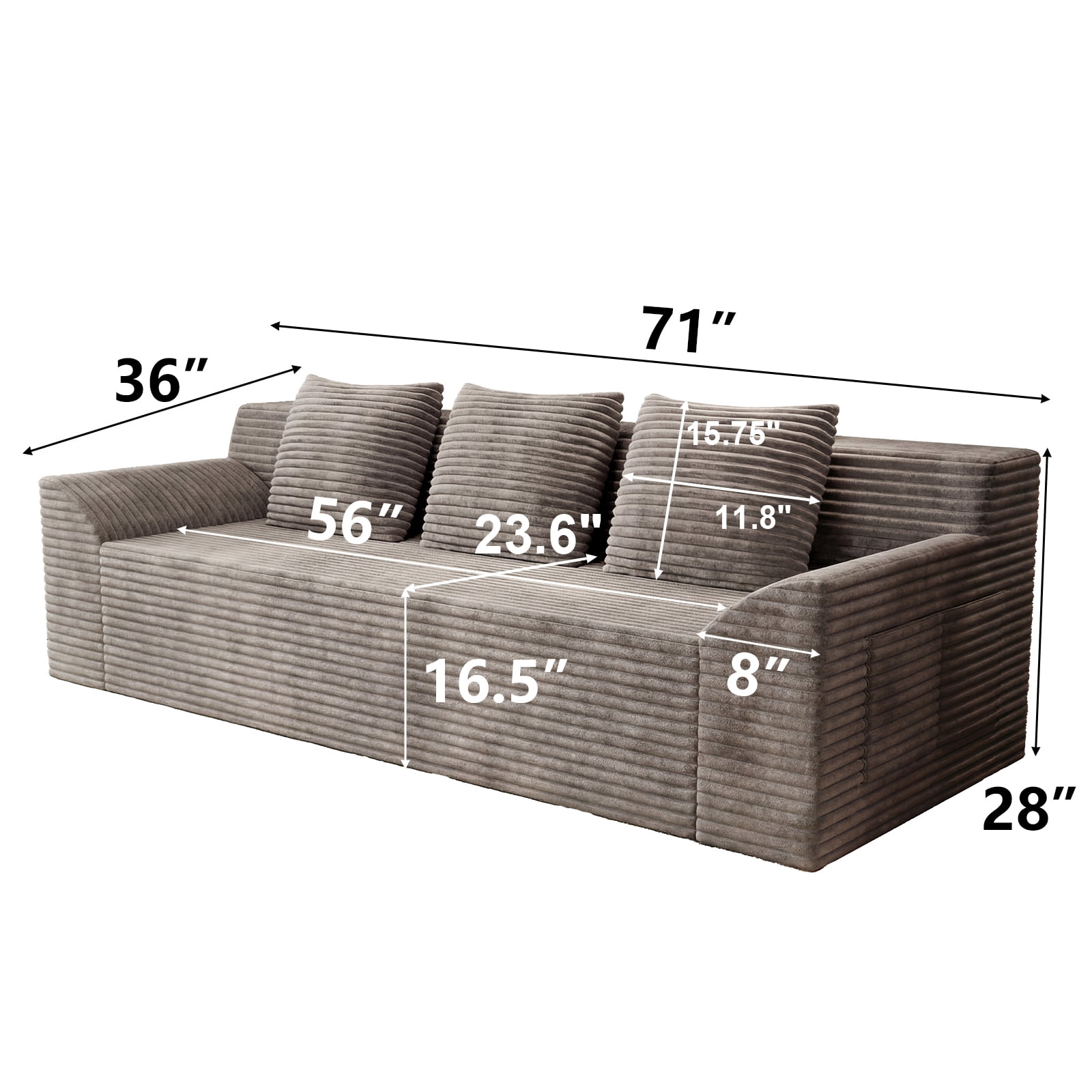 Aukfa 71" 3 Seater Sofa, Corduroy 26" Deep Seat Cloud Couch, No Assembly Boneless Sofa for Living Room, Bedroom, Apartment, Camel