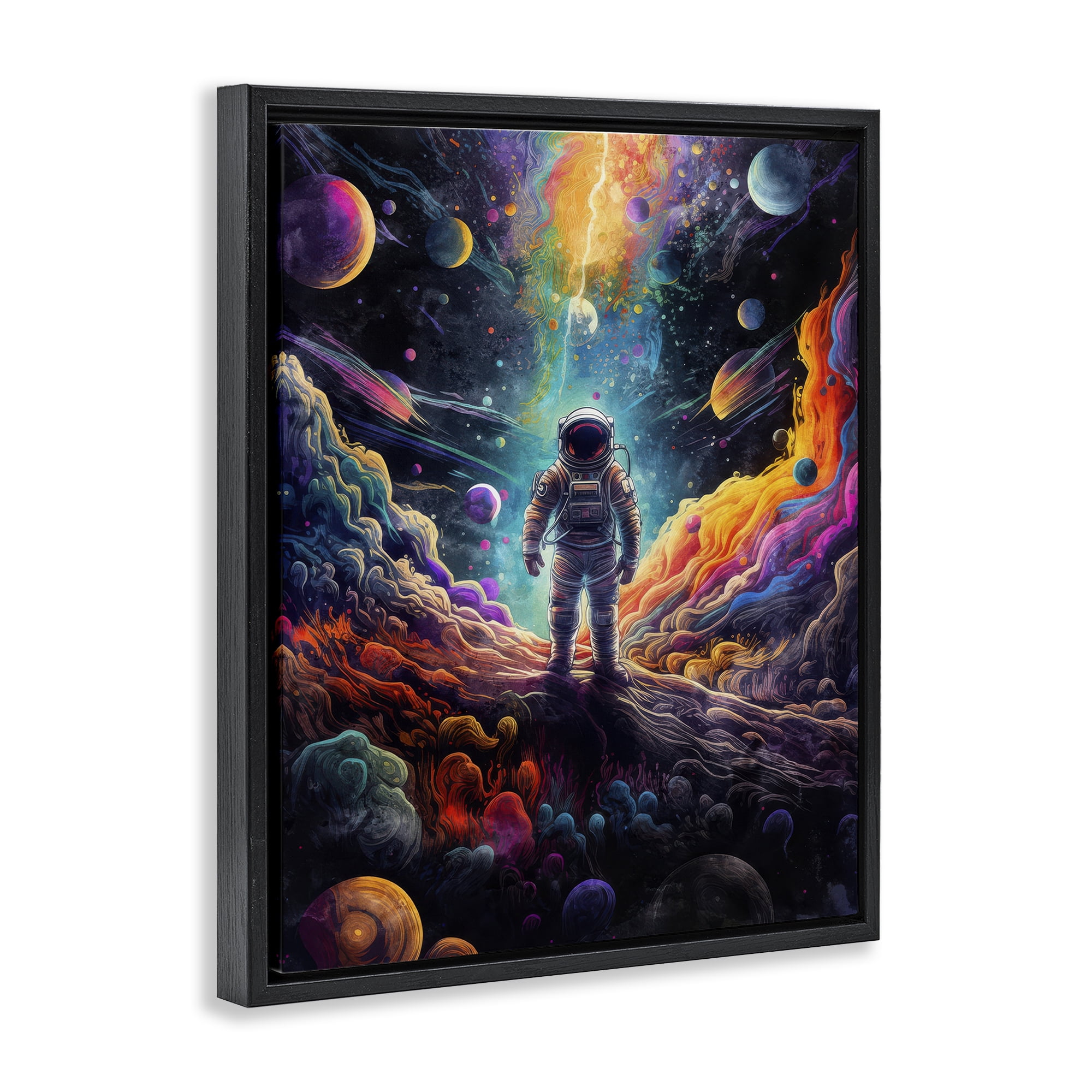 Stupell Industries Astronaut on Planet Terrain Astrology & Stars Painting Black Floater Framed Canvas Art Print Wall Art, 25 x 31