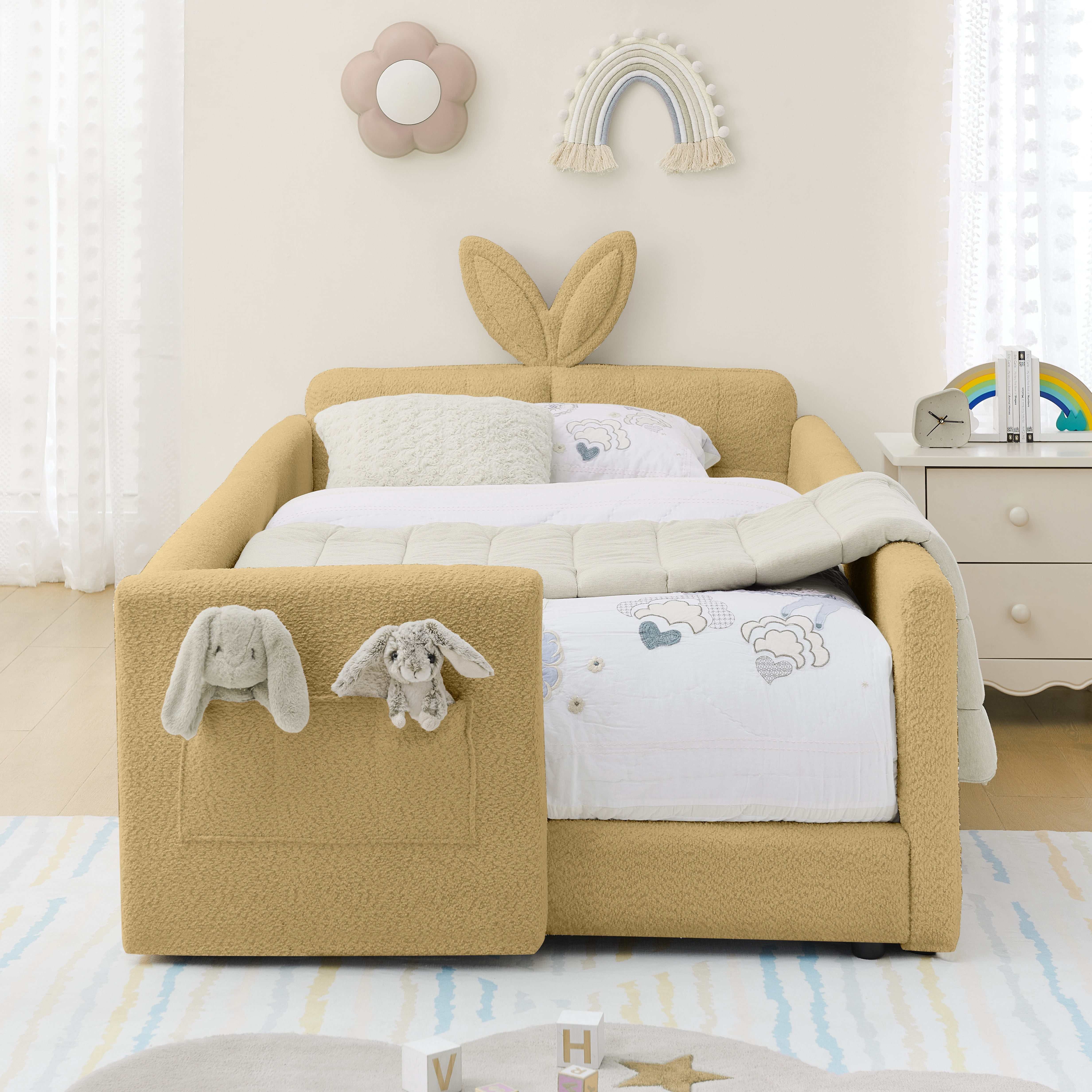 PORKISS Twin Bed Frames for Kids, Boucle Upholstered Platform Bed Frame with Safety Rails, Cute Bunny Ear Cartoon Bed with Storage Pocket, Yellow