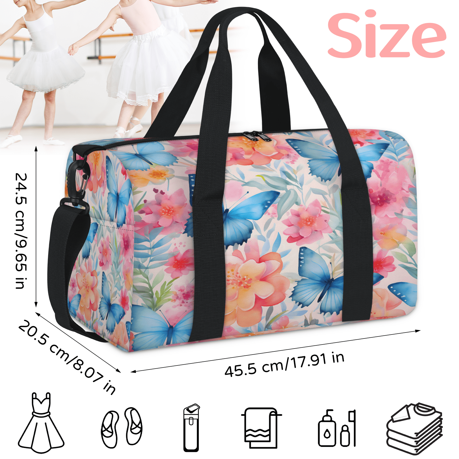 Herdesigns Blue Butterfly Pink Flowers Travel Duffle Bag Sports Yoga Weekender Overnight Carry on Workout Bags Lightweight Waterproof Gym Tote Bag for Women