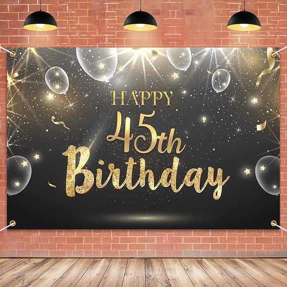 Happy 45th Birthday Banner Backdrop - 45 Years Old Birthday Decorations Party Supplies for Women Men - Black Gold