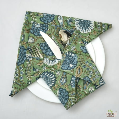 

Asparagus Green Air-force Blue Indian Hand Block Floral Print 100% Pure Cotton Cloth Napkins 9x9 -Cocktail Napkins 20x20 - Dinner Napkins