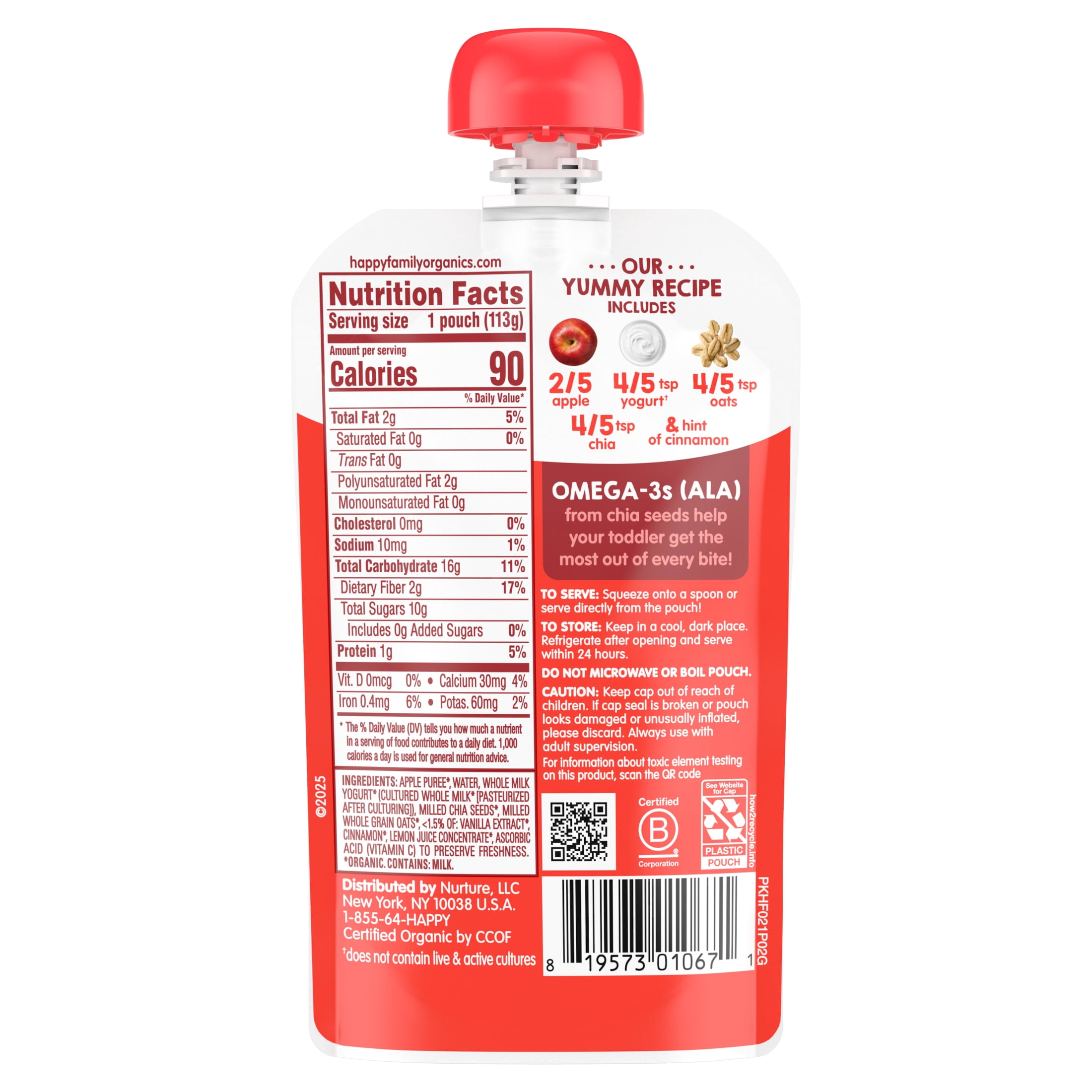 Happy Tot Organics Super Morning Stage 4, Apple Cinnamon Yogurt & Oats Organic Tot Food, 4 oz. Pouch
