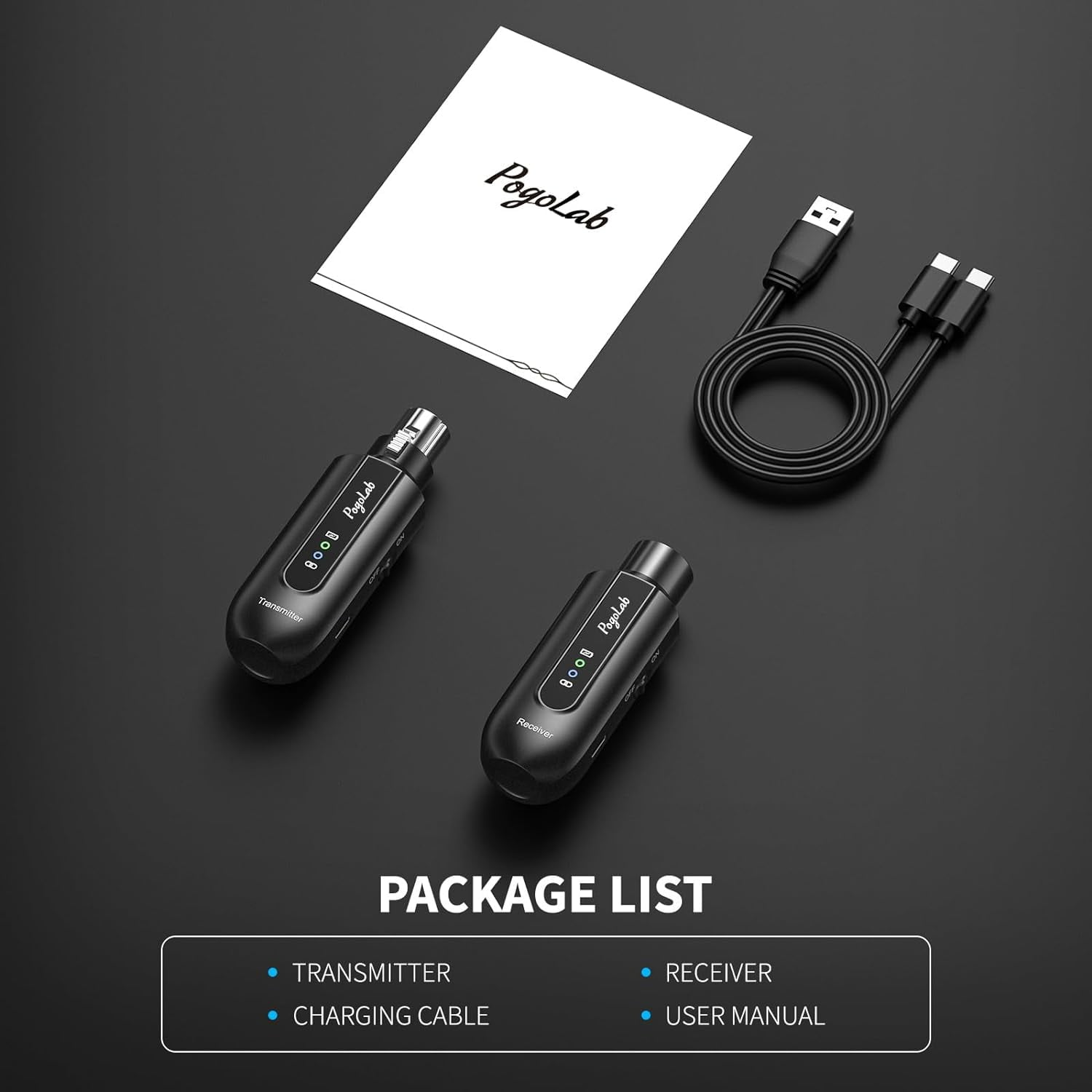 POGOLAB Wireless Microphone Transmitter Receiver 2.4Ghz XLR Microphone Wireless System Rechargeable Wireless Mic Adapter for Audio Mixer Dynamic Mic 48V Phantom Power for Condenser Mic