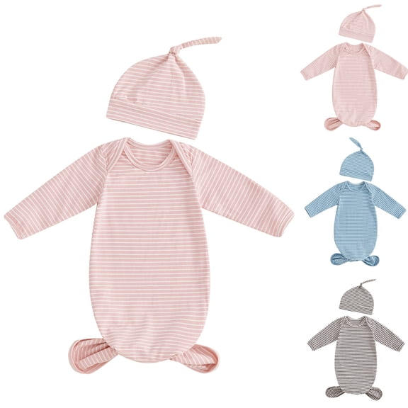 WUANDIXFA Baby Boy Girl Sleep Gown Sleeper Knotted Nightgown Hat Pajamas Hospital Coming Home Fall Winter Outfit (Coffee, Newborn)