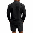 thumbnail image 4 of Ohufall Men 2 Piece Outfit Button Turndown Collared Loose Long-sleeve Shirt with Drawstring Elastic Waist Baggy Shorts Suit, 4 of 5