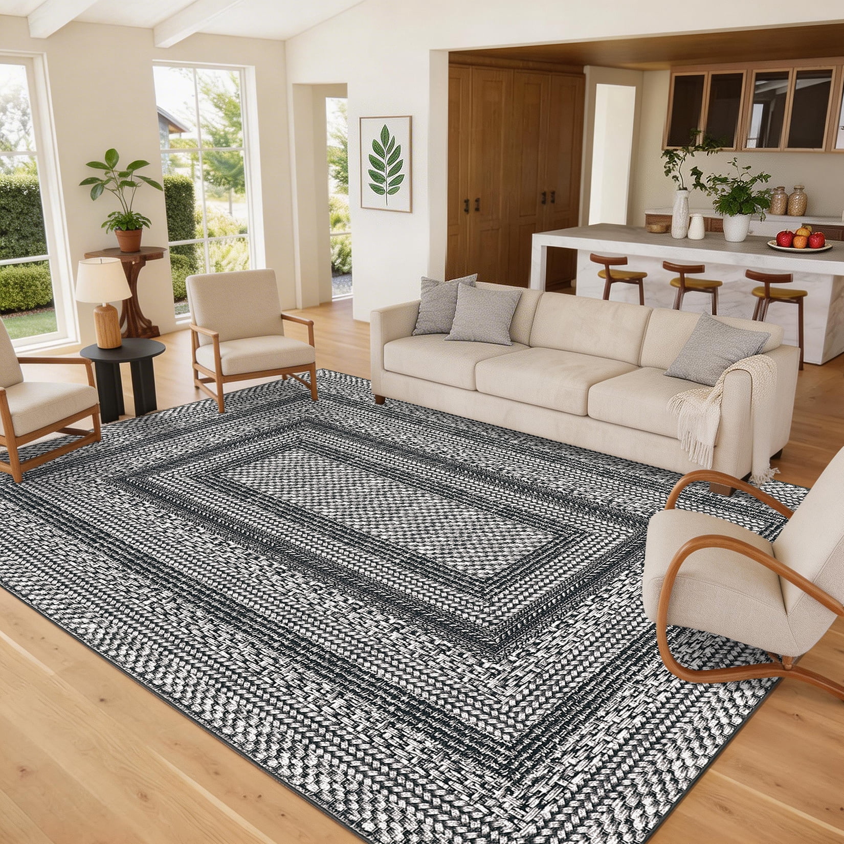 HIWEAVER 9' x 12' Black/Gray Area Rug for Living Room Washable Bordered Digital Printed Non-Slip Geometric Indoor Carpet
