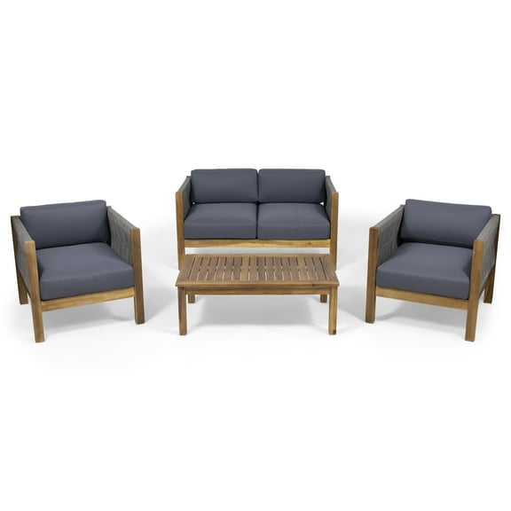 GDF Studio Charlotte Outdoor Acacia Wood and Rope 4 Seater Chat Set with Cushions, Teak and Gray