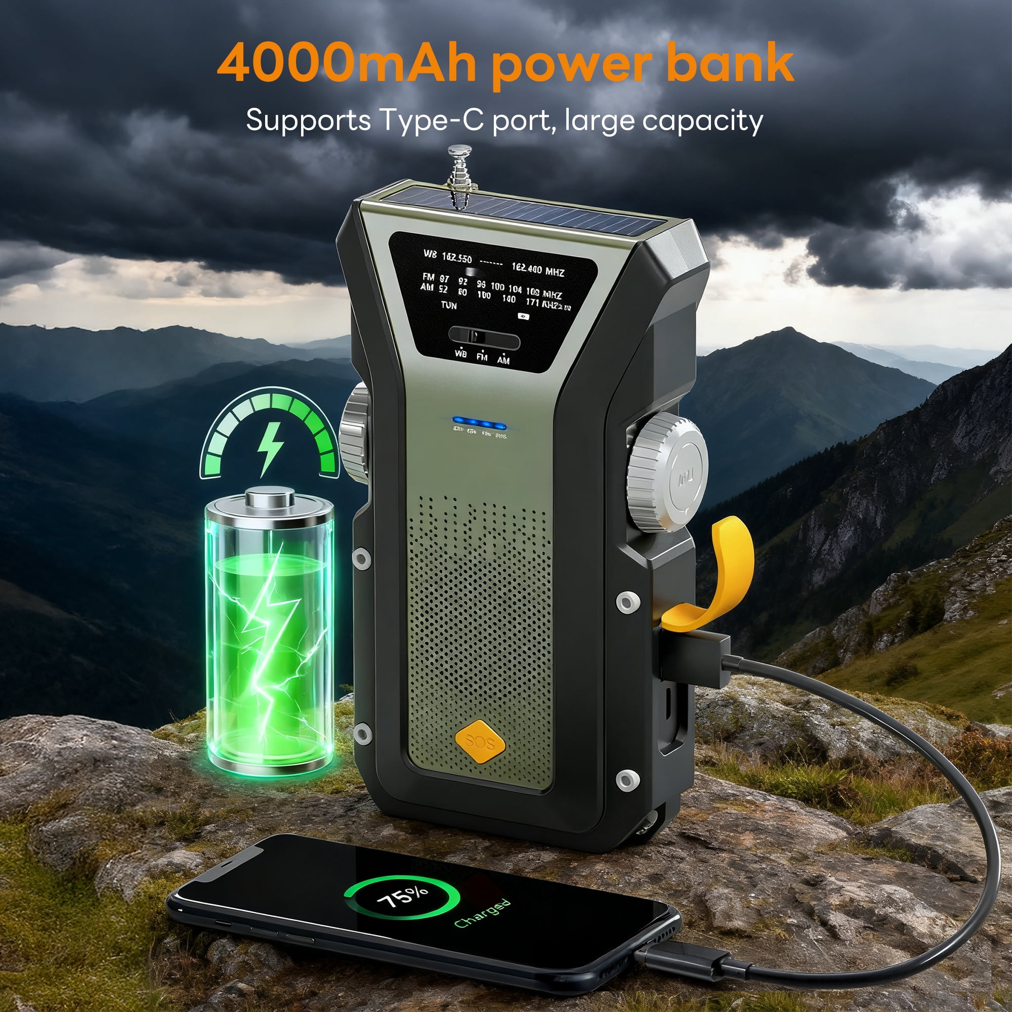 Pecham AM/FM/NOAA Weather Radio, 40000mAh Hand Crank Solar Emergency Radio with SOS Alarm/Flashlight/Type-C Charging, Portable Solar Powerd Radio for Emergency, Camping, Hiking, Travelling