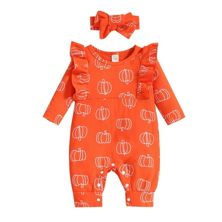 

Peyakidsaa Baby Girls Halloween OutfitsPumpkin Print Ruffle Long Sleeve Jumpsuit + Hairband Headdress 4pcs Clothes
