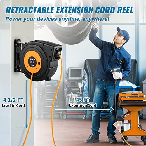 VEVOR Retractable Extension Cord Reel 45 FT Heavy Duty 12AWG/3C