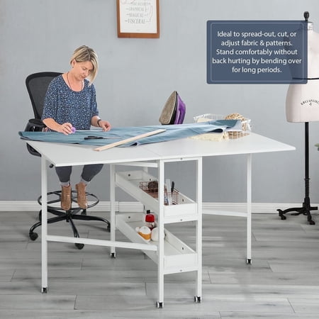 Mellcom White Folding Sewing Craft Table with Storage Shelves Cabinet and Lockable Wheels, Fixed Height 35.5in