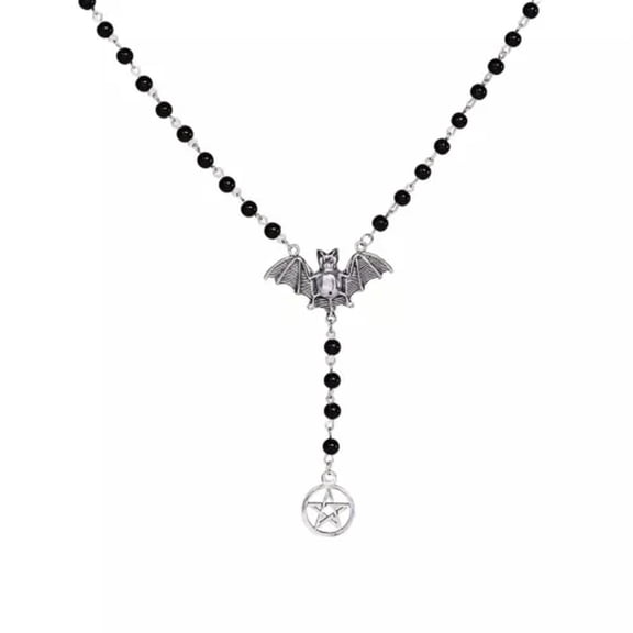 HOOUN Gothic Bat Pendant Necklace Bead Chain Vintage Pentagram For Women Men Jewelry -01#Black