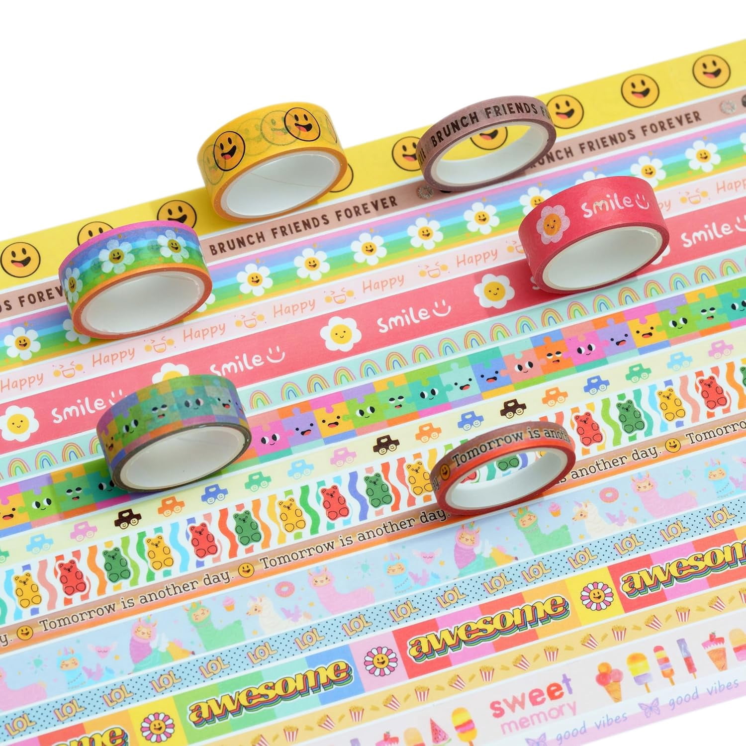 Cute Cartoon Washi Tape Set 16 Rolls Bright Colors Kawaii Masking Graphic Decorative Tapes for Arts, DIY Crafts, Journals, Planners, Scrapbook, Wrapping
