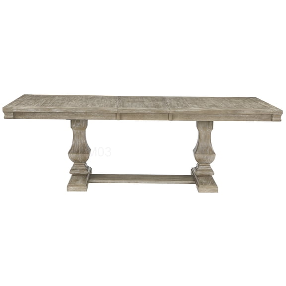 Double Pedestal Dining Table with Extension Leaf, 94.5 inch Traditional Brown Gray Wood Kitchen Table