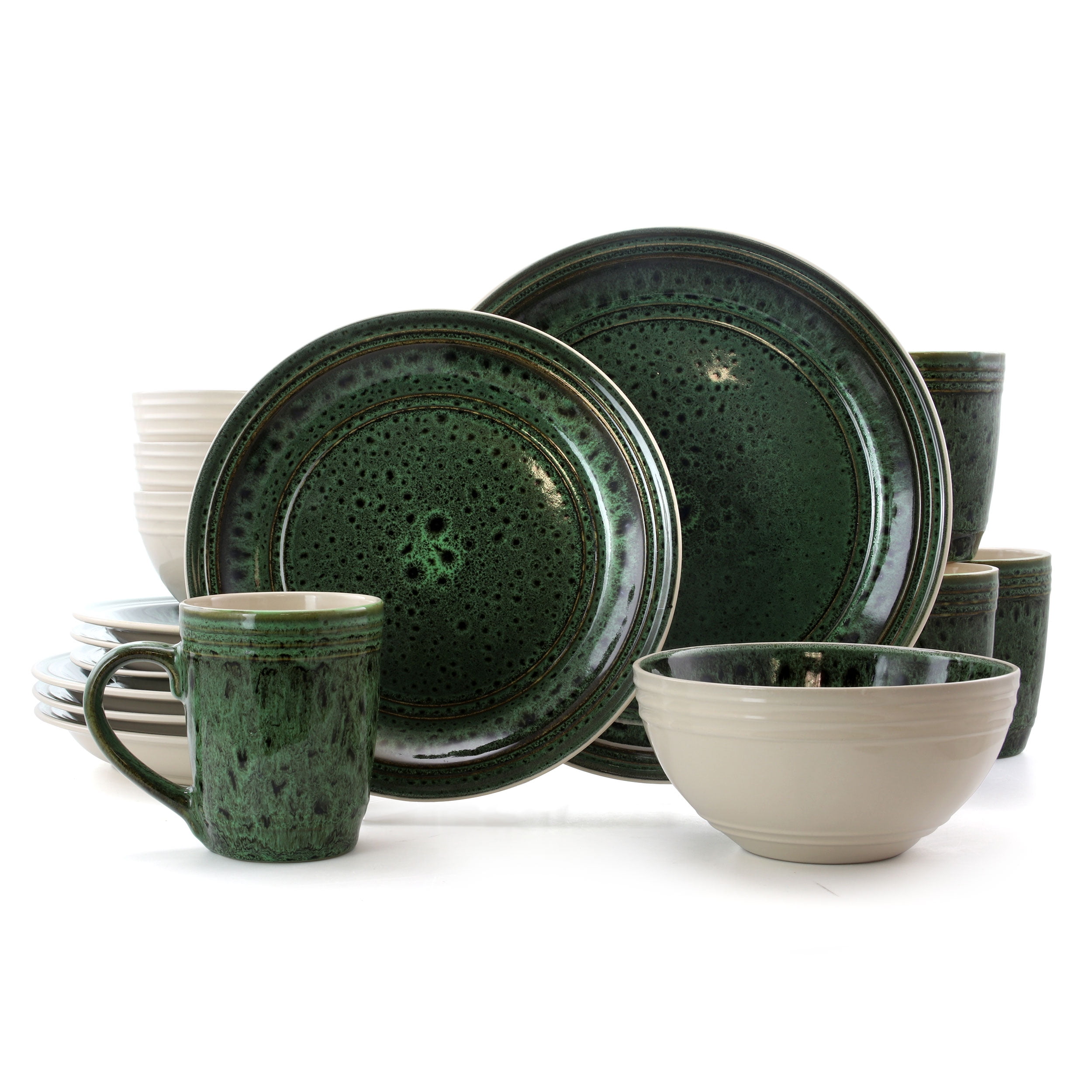 Elama Blue Jade 16 Piece Round Stoneware Dinnerware Set in Green