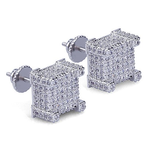 Hip Hop Iced Out Big Square Flat Screen Block Screw Back Stud Earring For Men and Women (White Gold)