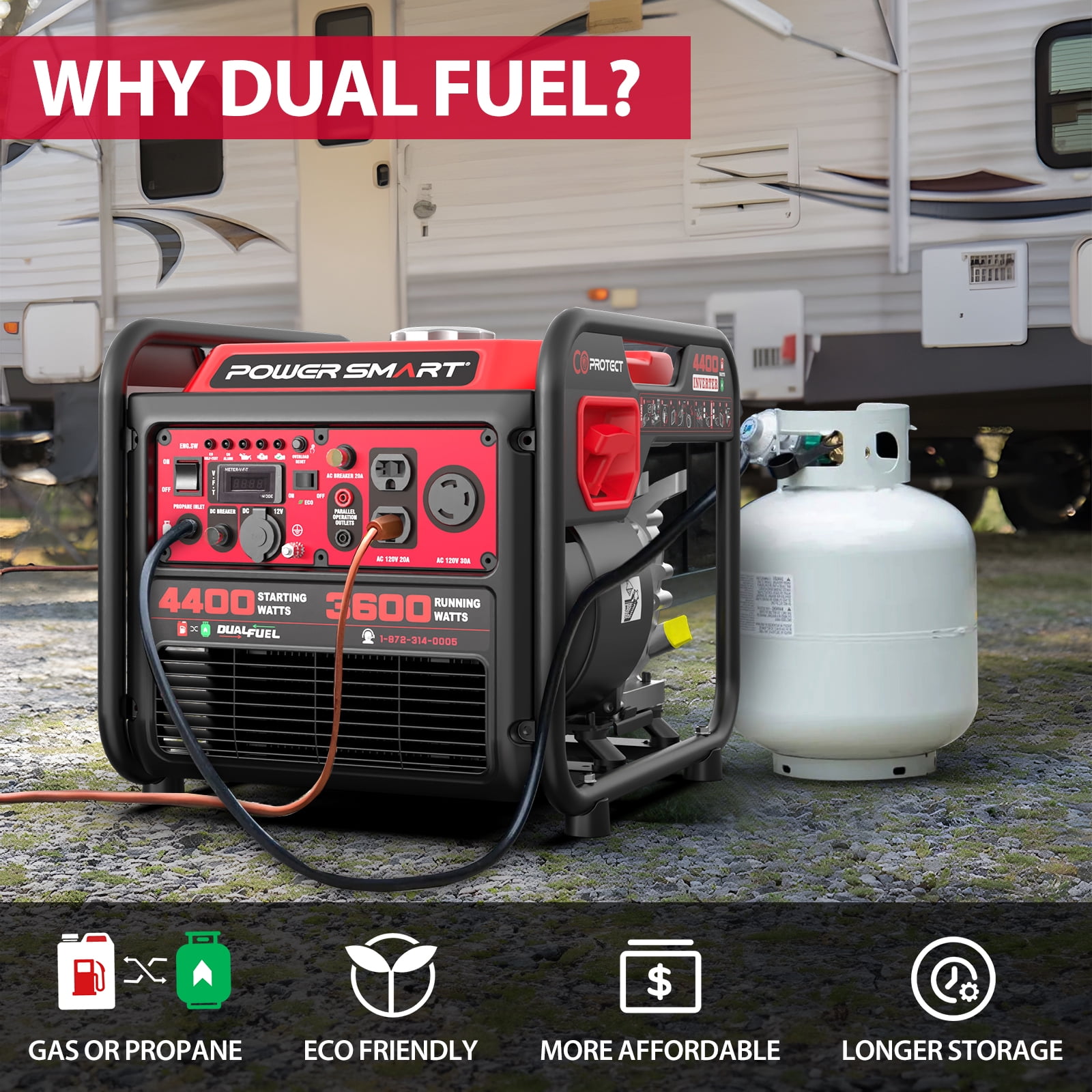 PowerSmart 4400W/3600W Dual Fuel Portable Generator Gas/Propane with Inverter Tech CO Protect (MB5040DC)