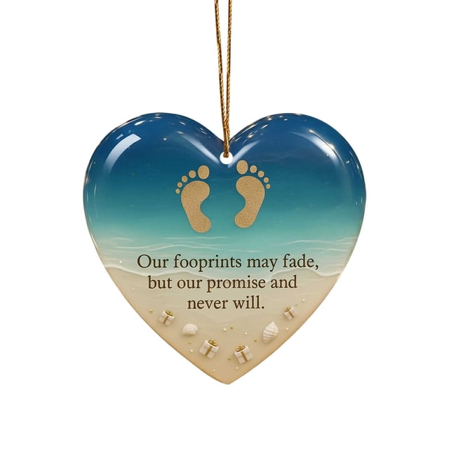 Ceramic Heart Pendant Ornament Beach Theme 4 mm Thick With Gold Cord For Christmas Tree Car Window Or Gift Wrap