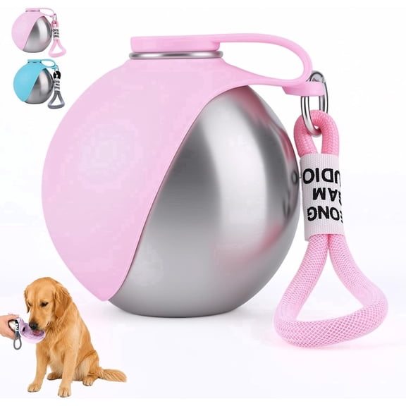 2-in-1 Portable Dog Water Bottle, 10oz Stainless Steel Travel Tumbler with Foldable Silicone Bowl, Leak-Proof,Pink