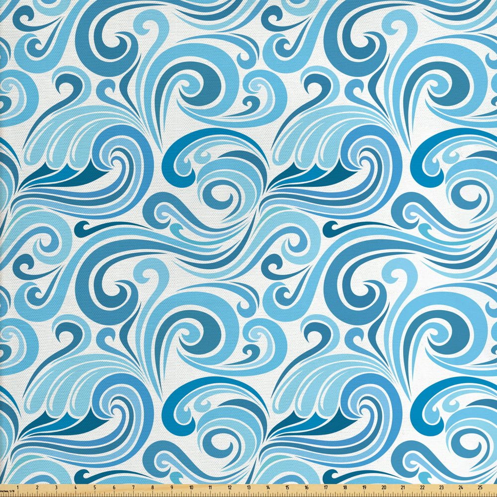 Nautical Fabric By The Yard Abstract Pattern Of Sea Waves Blue Toned Curved Stripes Composition