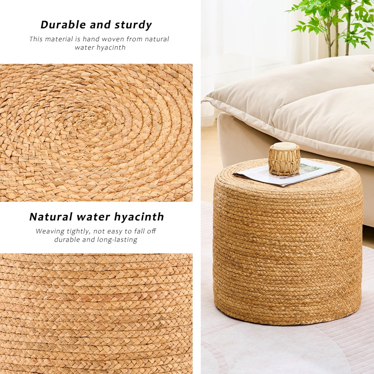IVV Natural Water Hyacinth Round Ottoman, 17.7-Inch Handmade Woven Foot Stool End Desk with Wooden Frame for Living Room & Bedroom