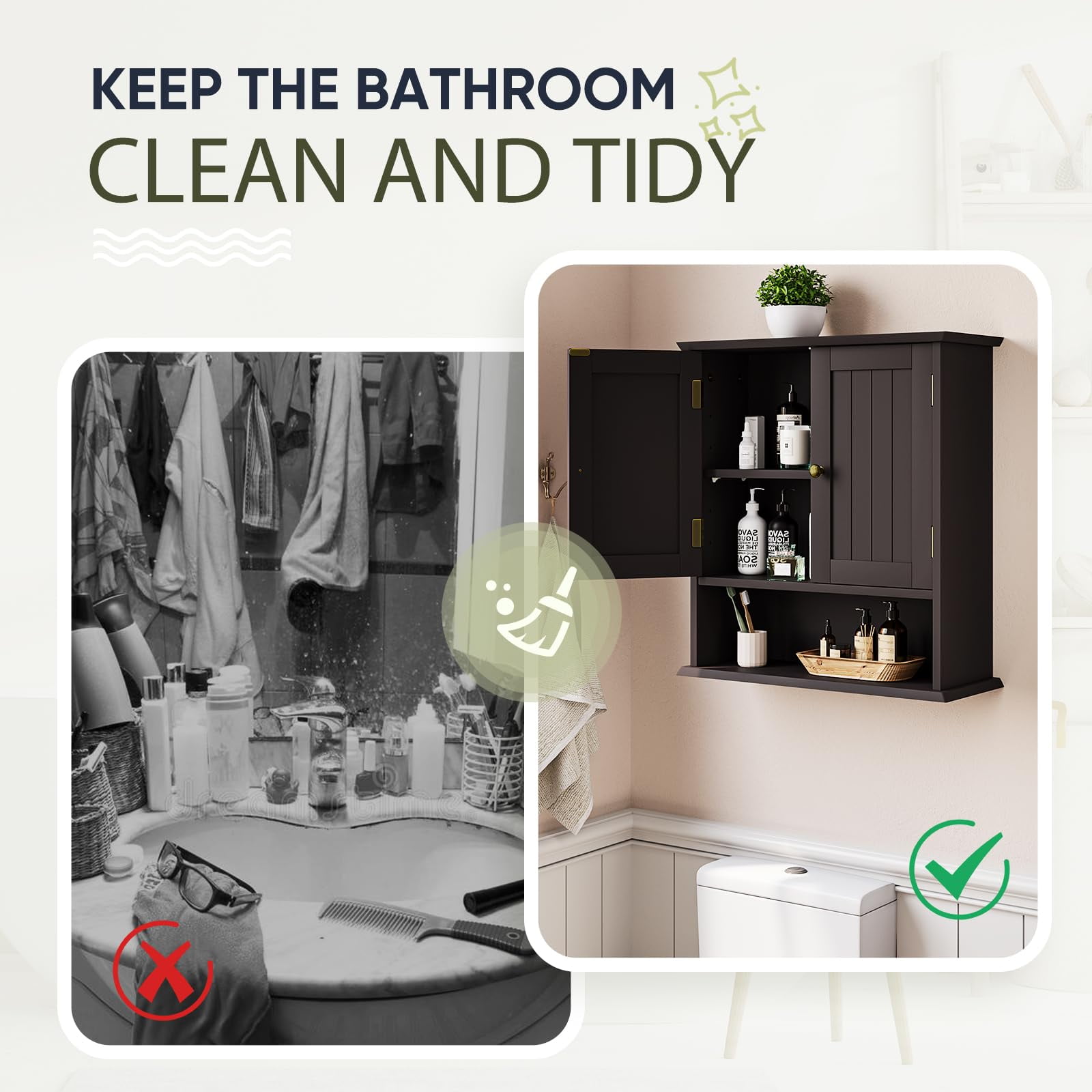 Smuxee Bathroom Wall Storage Cabinets with Door and Open Shelves,over the Toilet Storage,Brown Small