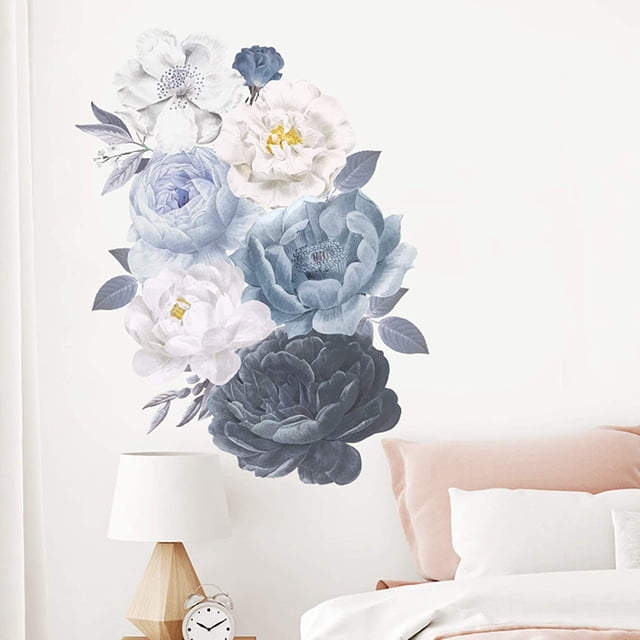 Calcomanías de pared de flores Acuarela Negro Blanco Azul Peonía Naturaleza Planta Vinilo Removible Peel and Stick Pegatinas de pared Arte Imagen Decoraciones Decoración para adolescentes Niñas Dormi JAMW Sencillez