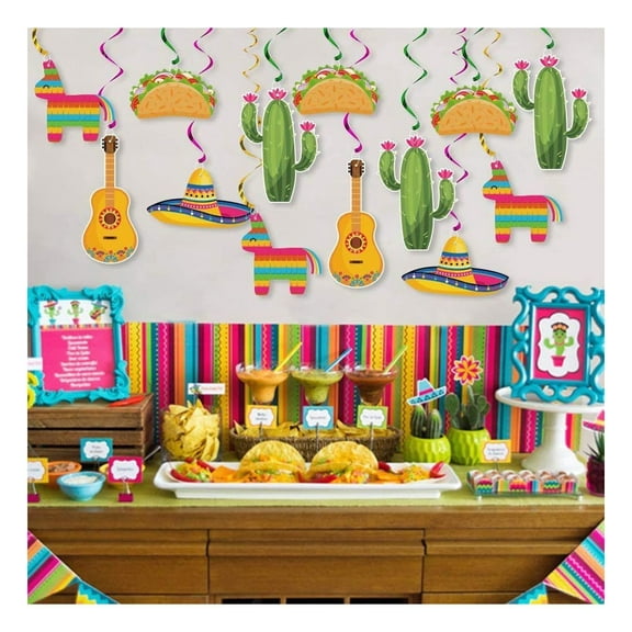 20Pcs Mexican Fiesta Hanging Swirl Decorations Mexican Cinco De Mayo Party Favor Supplies Pinata Cactus Sombrero Taco Pattern Foil Ceiling Ornament for Carnival Birthday Bachelorette Party Decor
