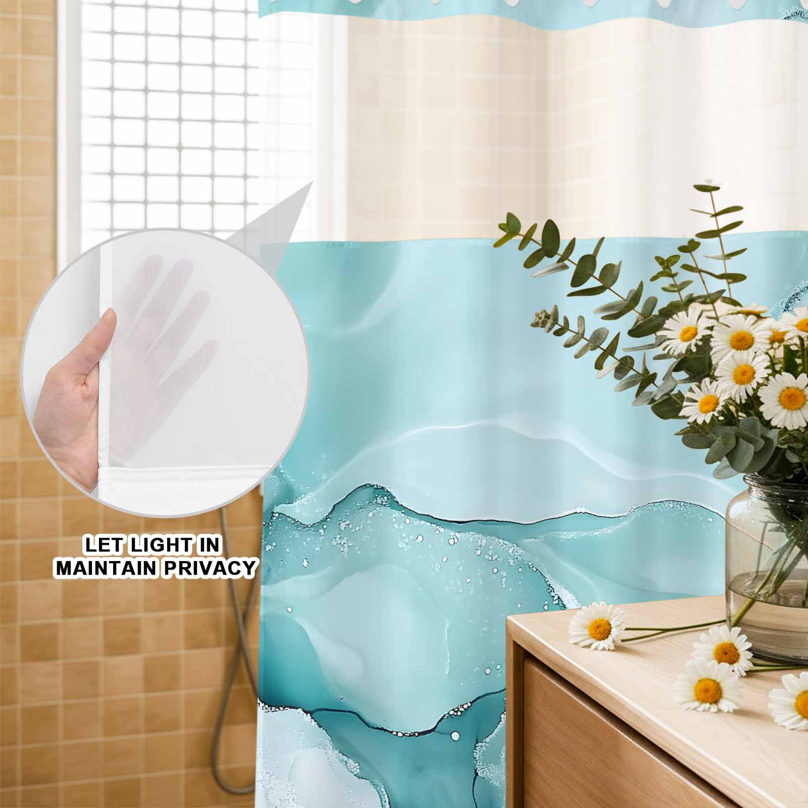 No Hook Shower Curtain,Turquoise Marble Waterproof Shower Curtains for Bathroom,Modern Abstract Art Texture Watercolor Bathroom Curtain with Mesh Top Window for Home Hotel Bathtub,Small Stall 36"x72"