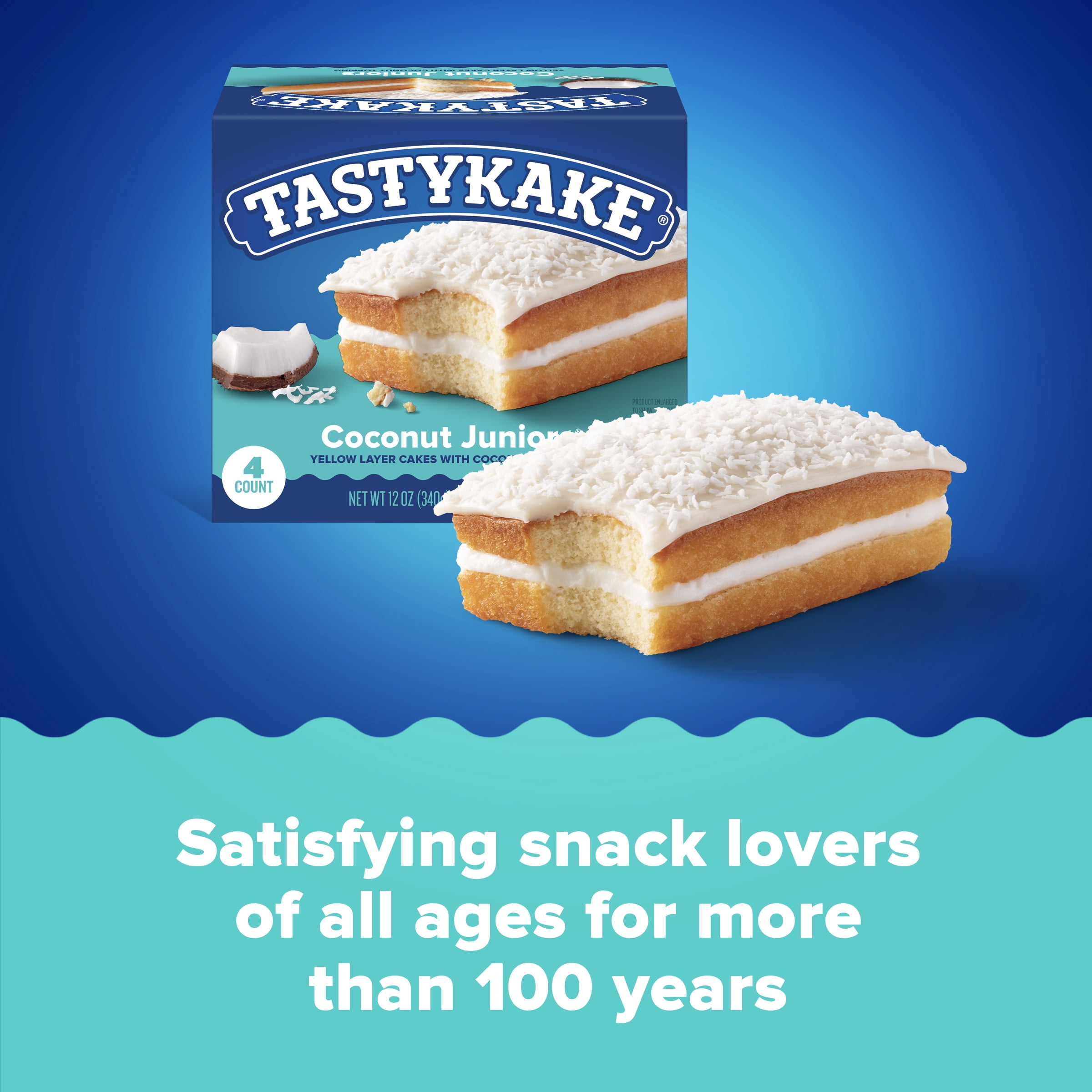 Tastykake Coconut Juniors, 4 Count, 4 Individually Wrapped Coconut Topped Snack Cakes, Shelf-Stable