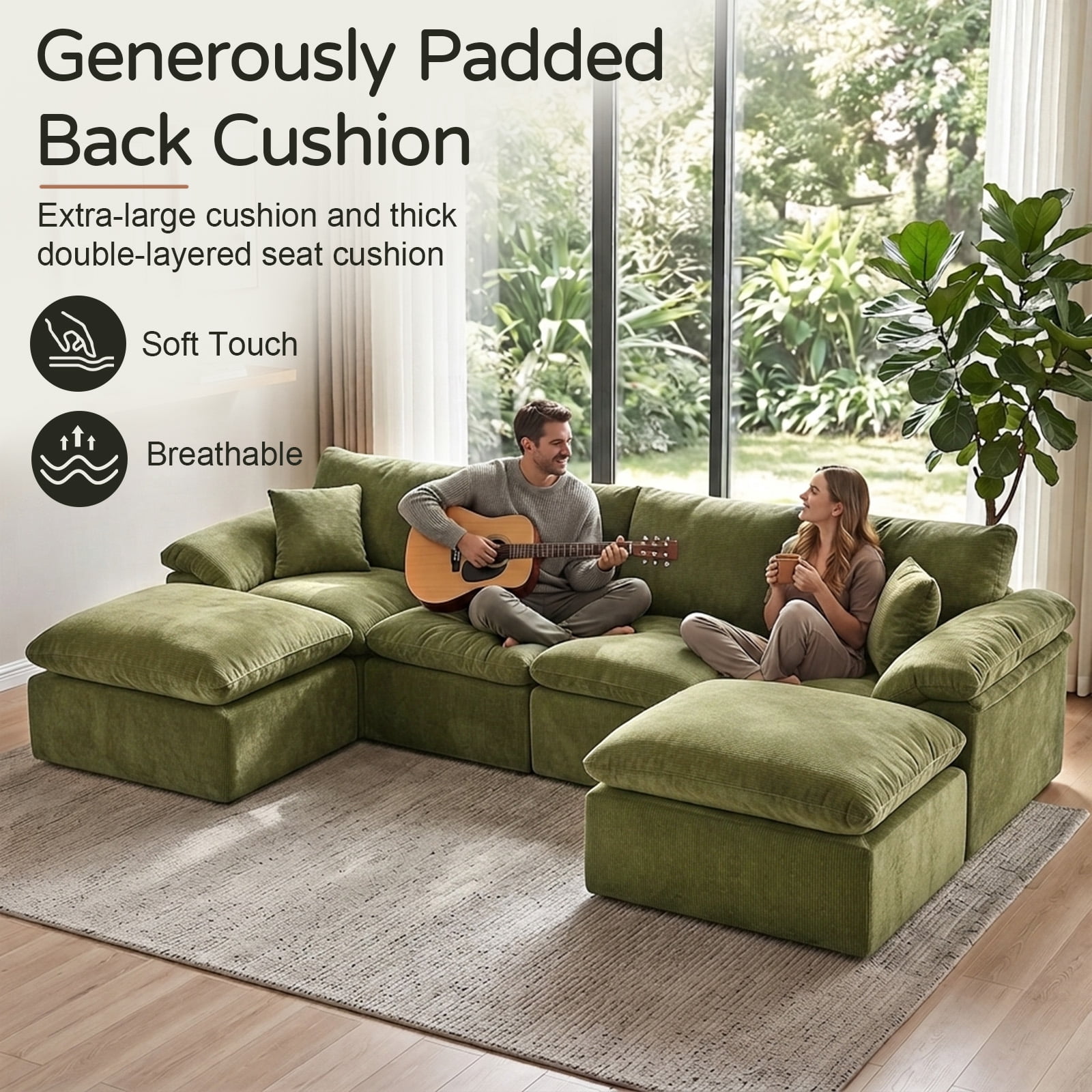 Aisword 130" Modular Sectional Sofa,Oversized Cloud Couch with Movable Ottoman,U-Shaped Convertible Boneless Sofa,Deep Seat Chenille Sectional Couch for Living Room,Green