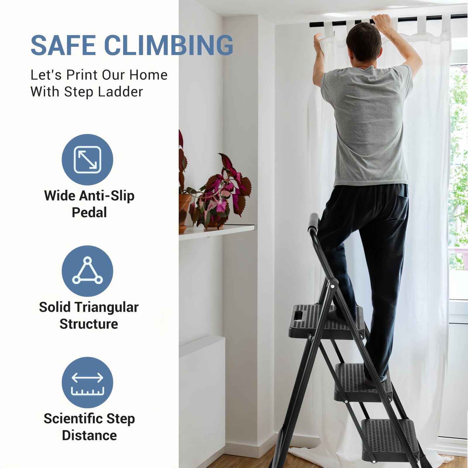 Kelno 3 Step Ladder 800Lbs Capacity Folding Step Stool with Anti Slip Pedals Safety Handrail, Pure Black