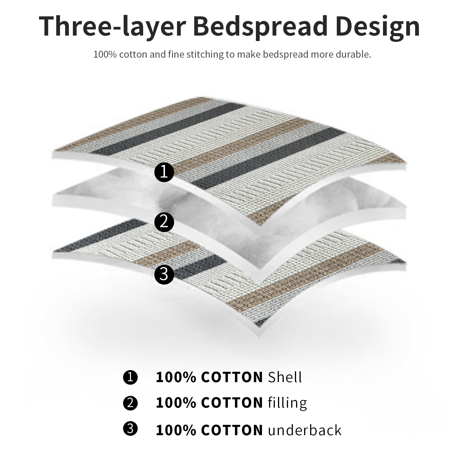 DDUOXIN 100% Cotton King Quilts - Lightweight Gray Brown Striped King Quilt for Bed Set, Modern Neutral Reversible King Size Bedspread, Farmhouse Coverlet/Bedding Set/Comforter with 2 Pillow Shams