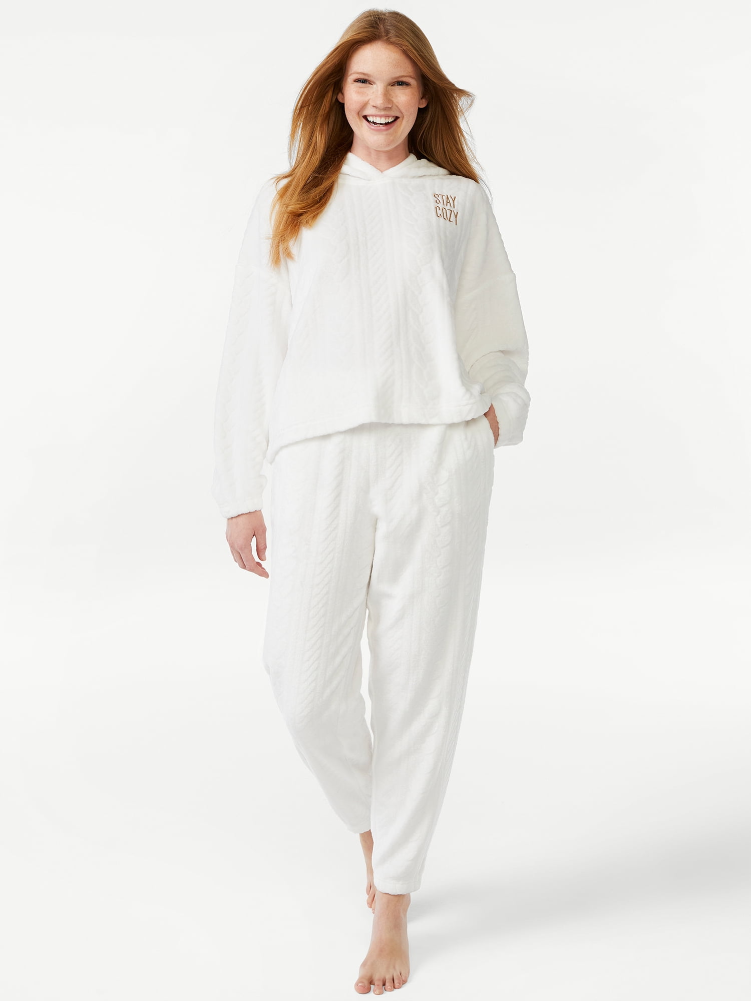 Joyspun Women's Plush Cable Long Sleeve Hooded Top and Pants Pajama Set, 2-Piece, Sizes up to 3X
