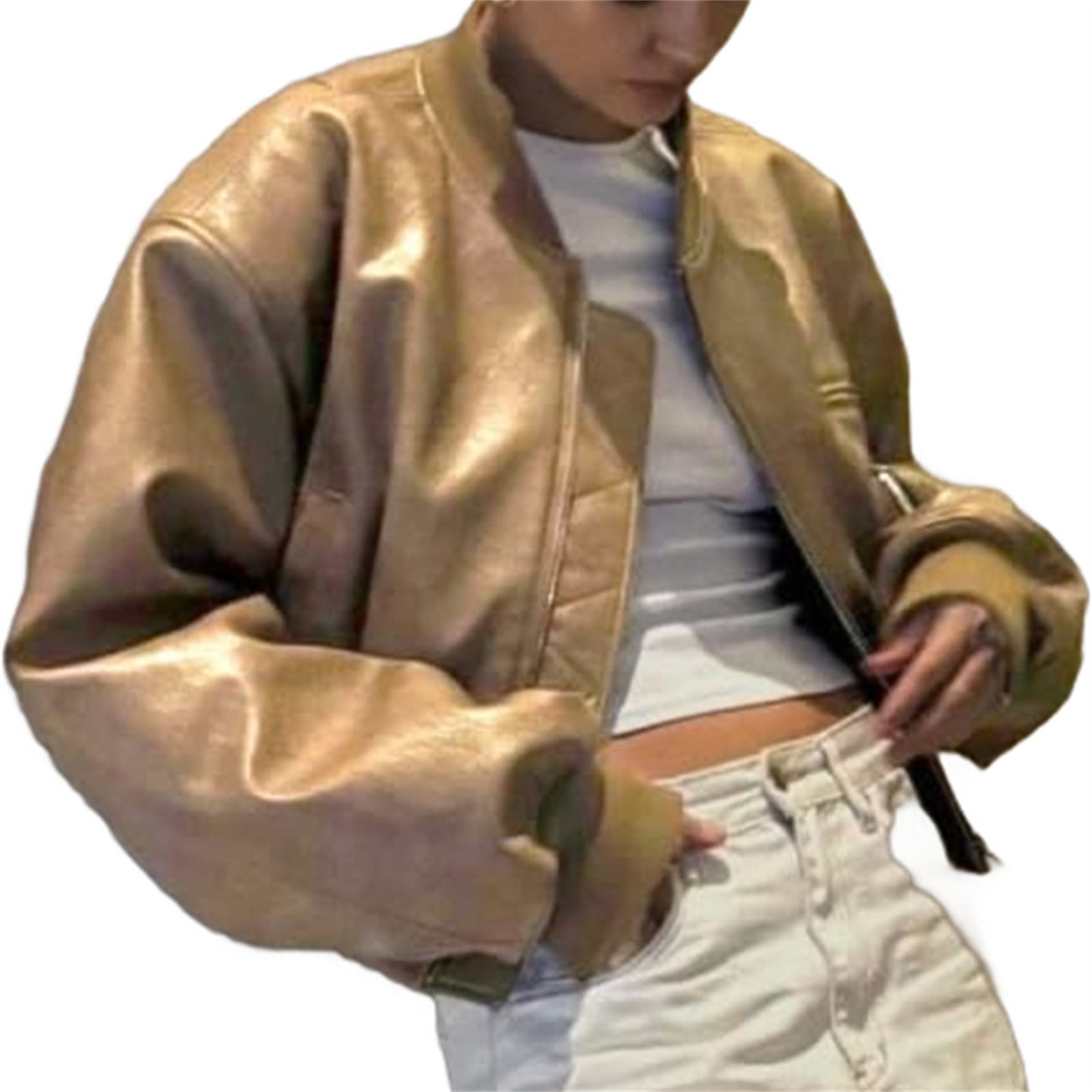 Womens Faux Leather Bomber Jackets Baseball Collar Zip Up Cropped Biker Coat with Pockets