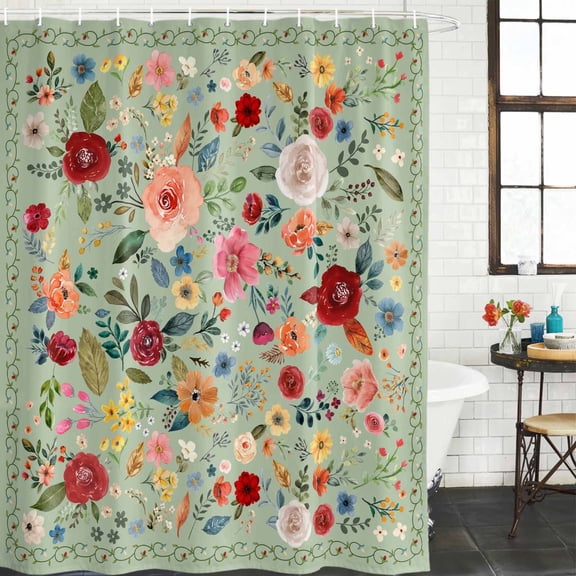 Sage Green Floral Waterproof Shower Curtain, 72"x72" Washable Polyester Fabric Shower Curtains for Bathroom, Spring Flowers Leaves Farmhouse Decorative Bathtub Curtain Sets with Hooks